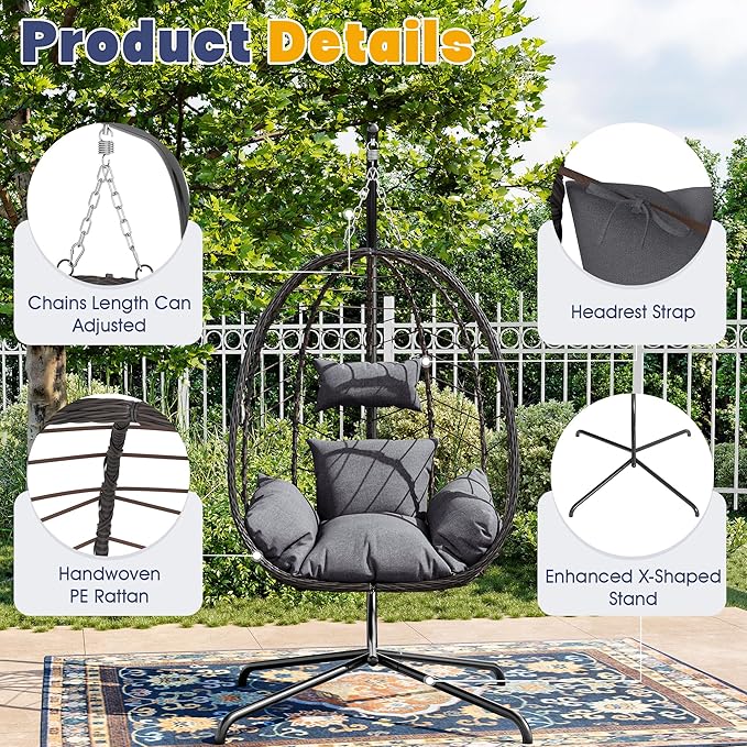 Egg Chair with Stand, Patio Wicker Bifanuo Hanging Chair, Hammock Swing Chair, 350LBS Capacity for Bedroom, Balcony, Garden(BR-GR)