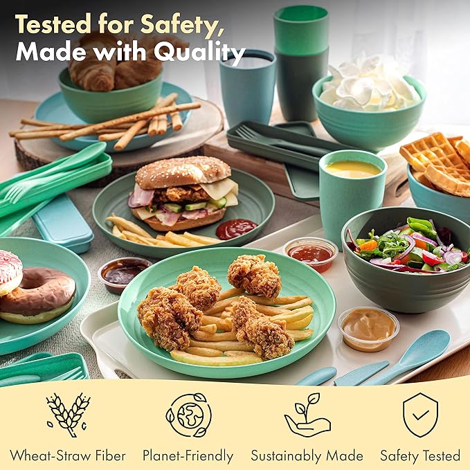 FOODLE Wheat Straw Dinnerware Set - BPA Free & Safety Tested - Microwave & Dishwasher Safe Dishes - Perfect for Camping, Picnic, RV, Dorm - Plates, Cups and Bowls - Great for Kids & Adults - For 4