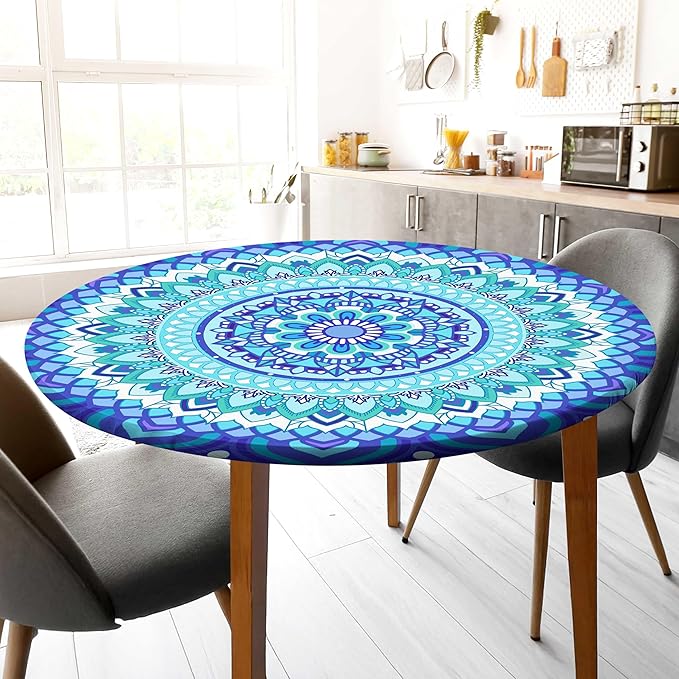 Round Tablecloth Fitted Elastic Table Cover Waterproof Table Cloth for Dinner, Party, Picnic,Camping, Round Table Cover for Indoor Outdoor