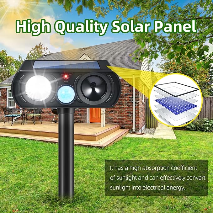 2025 4Pack Ultrasonic Animal Repellent Outdoor Solar Animal Repeller witht Motion Sensor&LED Strober Ligh Cat Deterrent Outdoor Deer Repellent Device to Scare Raccoon Squirrel Skunk Rabbit Fox Dog