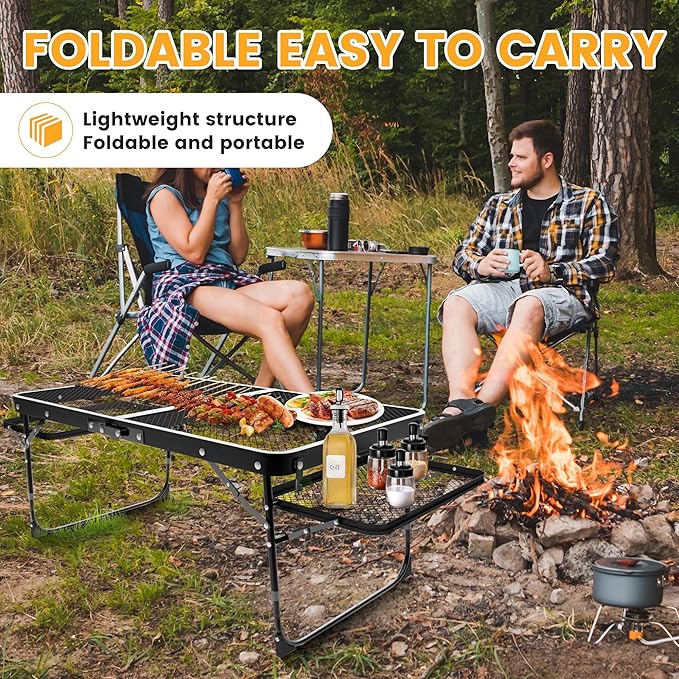 Camping Table Grill Table with Table Extension Board Adjustable Height Folding Tables Mesh Top Portable Grill for Outdoor Indoor Beach BBQ Picnic Travel RV Black