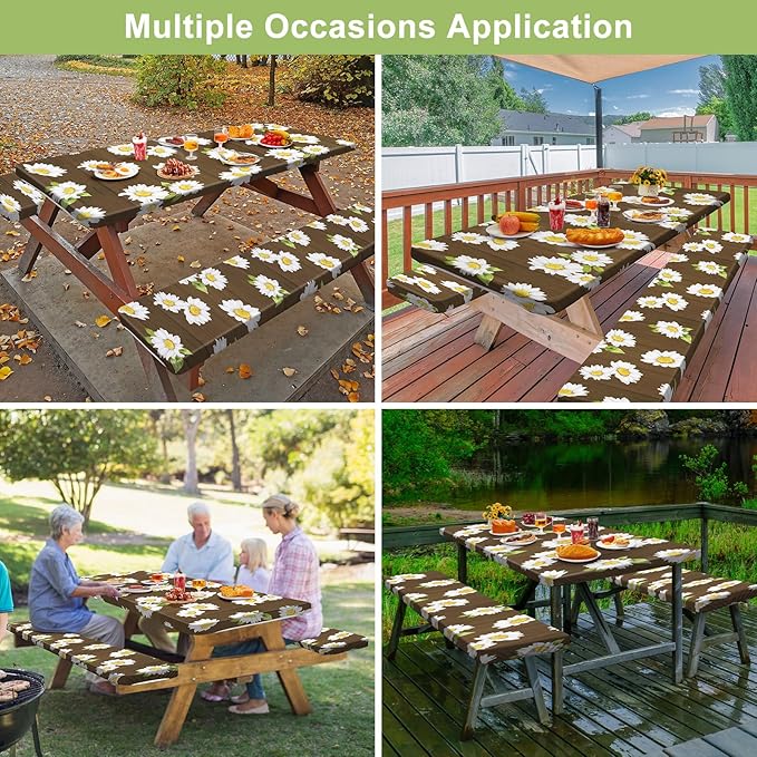 Picnic Table Cover with Bench Covers Camping Essentials Waterproof Windproof Camping Tablecloth with Drawstring Bag, Fitted Rectangle Tables and Seats, 72in, Brown