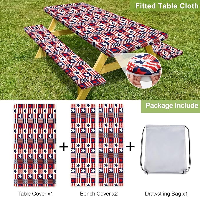 Picnic Table Cover with Bench Covers Camping Essentials Waterproof Windproof Camping Tablecloth with Drawstring Bag, Fitted Rectangle Tables and Seats, 72in, Red Blue Checkered