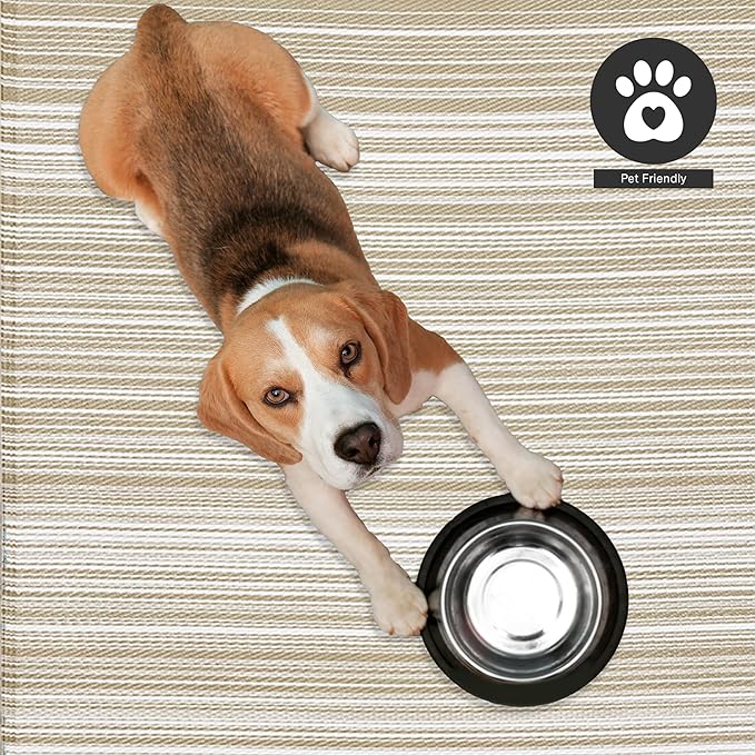 FH Home Outdoor Rug - Waterproof, Fade Resistant, Reversible - Premium Recycled Plastic - Striped - Patio, Deck, Porch, Balcony - Havana - Beige Crease Free - 5 x 8 ft