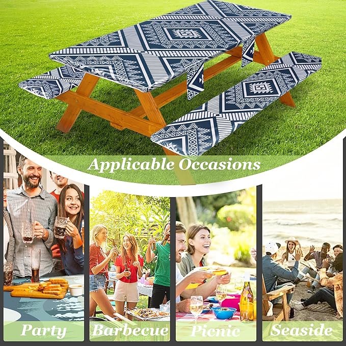 Fitted Picnic Table Cover with Bench Covers Waterproof Elastic Edges Rectangle Patio Tablecloth Outdoor Camping Essentials Stuff Rv Accessories Summer Trip Travel Camper Gifts for Woman Men, 72in 6 ft