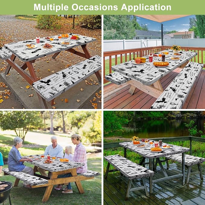 Picnic Table Cover with Bench Covers Camping Essentials Waterproof Windproof Camping Tablecloth with Drawstring Bag, Fitted Rectangle Tables and Seats, 96in, White