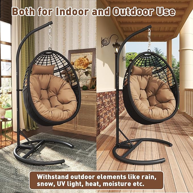 Egg Swing Hanging Chair with Stand, Outdoor Rattan Egg Hammock Chair with Cushion Pillow for Indoor Bedroom Patio Garden for 330lbs/150kg - Dark Brown