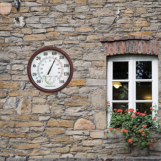 Indoor Outdoor Thermometer Large Numbers 12 Inch Wall Weather Thermometer Hanging Garden Decor Hygrometer No Battery Needed (Brown)