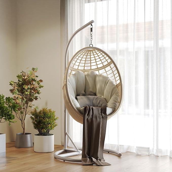 Egg Swing Chair with Stand: Hand Woven PE Rattan Hanging Chairs Hammock - Indoor Outdoor Swinging Lounger with Soft Cushion for 330lbs Patio Balcony Garden Living Room Bedroom Porch, Beige