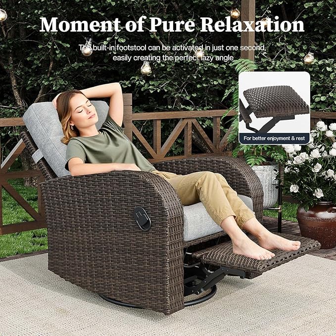 Outdoor Wicker Recliner Chair Set of 2 High Back Patio 360°Swivel Reclining Lounge Chair with 6-Inch Thick Cushion