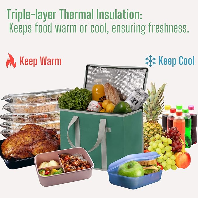 VENO 2 Pack Cooler Bag and Insulated Grocery Bags for Food Delivery, Collapsible Cooler, Reusable Shopping Bags for Groceries with Zipper, Foldable, Heavy-Duty, Stands Upright (Green, 2 Pack)