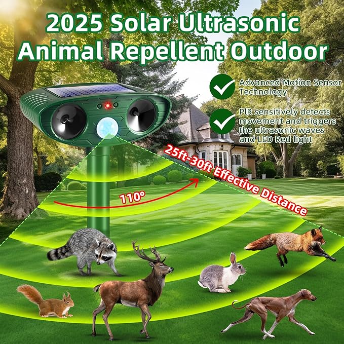 2 Pack 2025 Ultrasonic Solar Animal Repellent Outdoor,Squirrel Fortress Pro Deer Repellent Devices Motion Detection, Waterproof Cat Mouse Raccoon Dog Rabbit Deterrent for Garden Yard