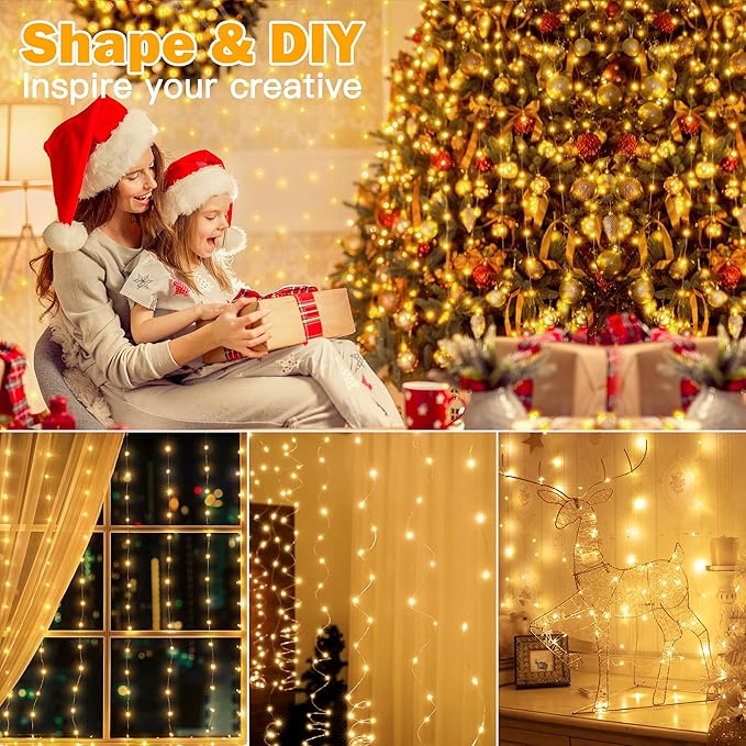 Ollny Silver Copper Wire Fairy Lights Curtain 200 LED 6.6x6.6ft, USB Warm White Curtain Lights with Hook, Waterproof Window Light for Bedroom Backdrop Wall Outdoor Indoor Decorations