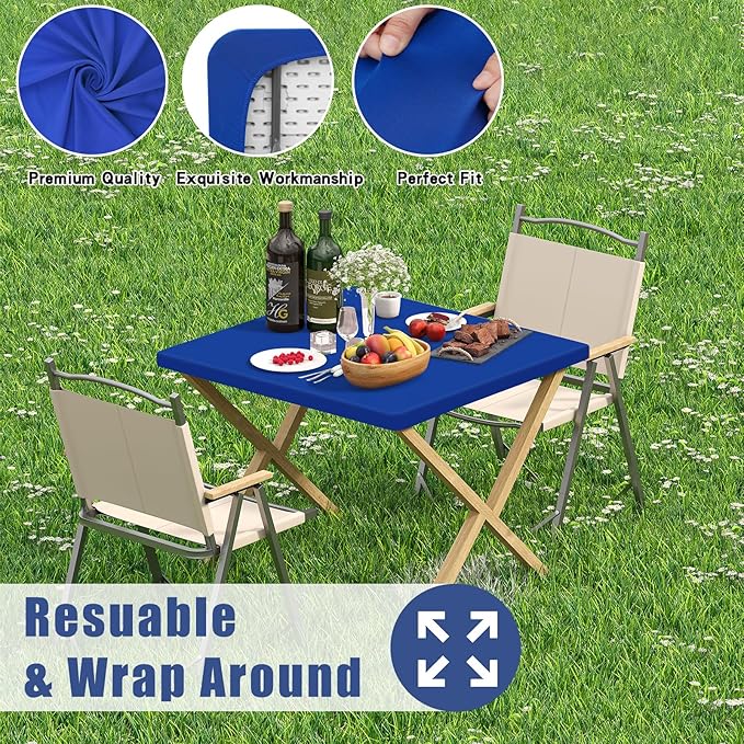 Spandex Picnic Table Cloth 2 Pack, Elastic Fitted Tablecloths for Square Tables, Stretch Washable Patio Table Cover for Outdoor, Camping, Banquet and Parties (Blue, 34"x34")