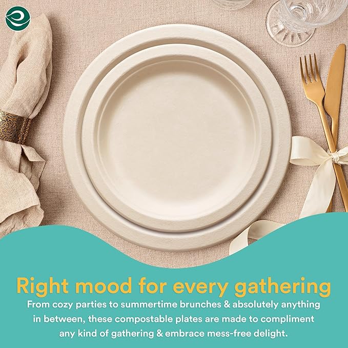 ECO SOUL 100% Compostable Small Paper Plates (9" Round Plate, 125)