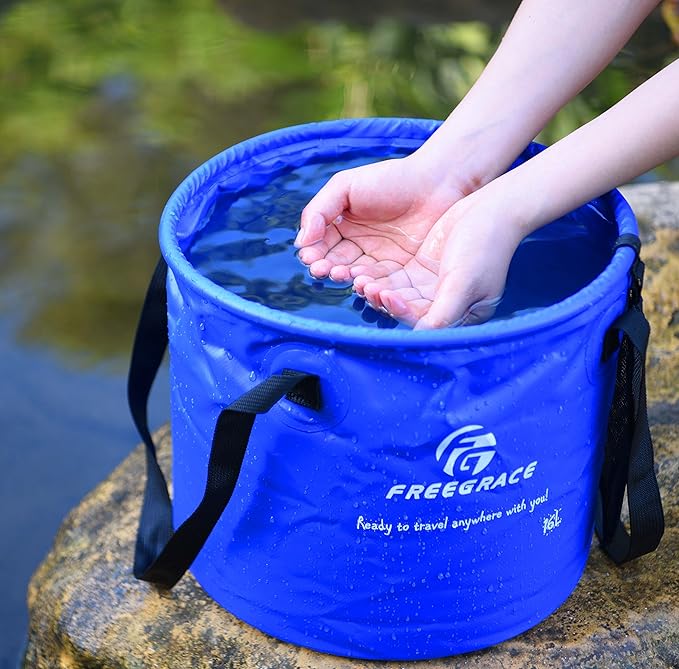 Premium Collapsible Bucket by Freegrace - Compact Portable Folding Water Container - Lightweight & Durable - Includes Handy Tool Mesh Pocket