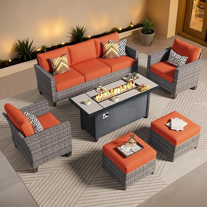 ovios 6 Pieces Patio Furniture Set with 54" Fire Pit Table, Outdoor Wicker Sofa with Comfy Cushions, All Weather High Back Rattan Couch Conversation Set, Orange Red