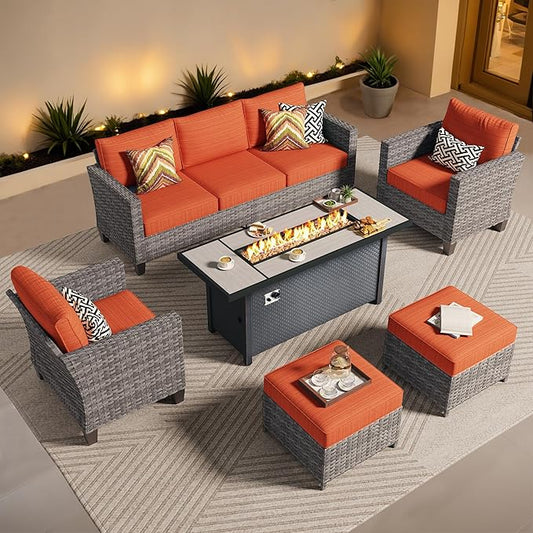 ovios 6 Pieces Patio Furniture Set with 54" Fire Pit Table, Outdoor Wicker Sofa with Comfy Cushions, All Weather High Back Rattan Couch Conversation Set, Orange Red