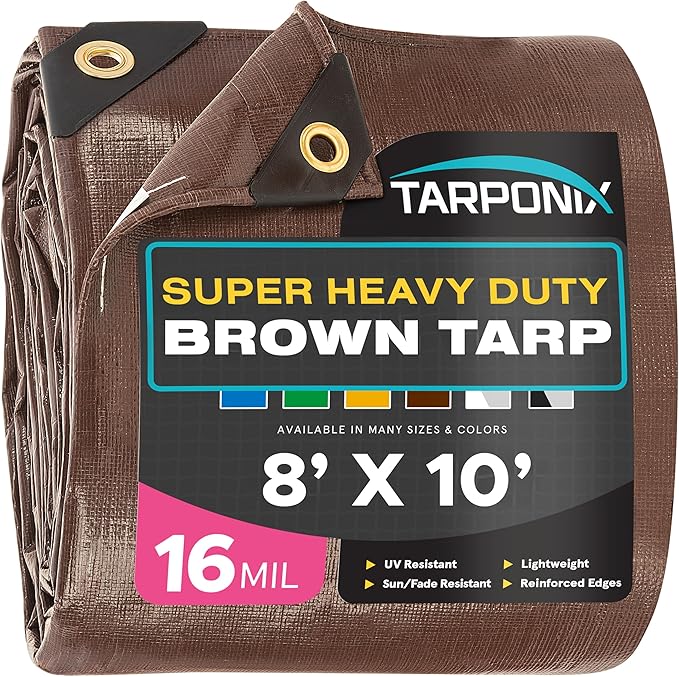 Super Heavy-Duty Brown Tarp 8' x 10' – 16 Mil Thick, All-Weather Waterproof Cover with Reinforced Edges and Sturdy Grommets