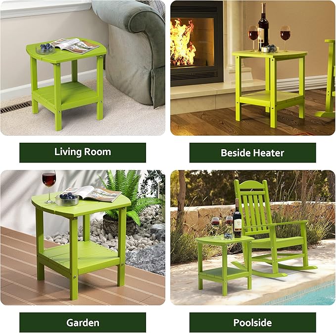 TORVA Patio Adirondack Side Table, Outdoor End Tables All-Weather Resistant HDPE Humidity-Proof Long Time Use for Deck, Lawn,Garden, Porch, Backyard End Table（Lemon Green）(2 Tier)