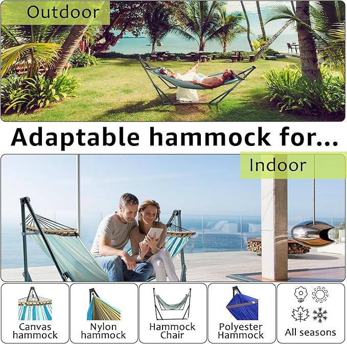 Tranquillo Sturdy Steel Hammock with Stand Premium Cotton Canvas Hammock, 600 lbs Capacity Hammock Stand Folding, Portable 30-Second Fold Unfold for Camping, (Canvas - Blue Leaf)