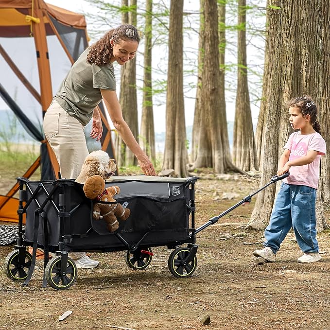 TIMBER RIDGE Collapsible Wagon Cart with Brakes, 200L Large Capacity Compact Portable Easy to Carry Folding Wagon, Utility Grocery Cart for Camping, Gardening, Shopping