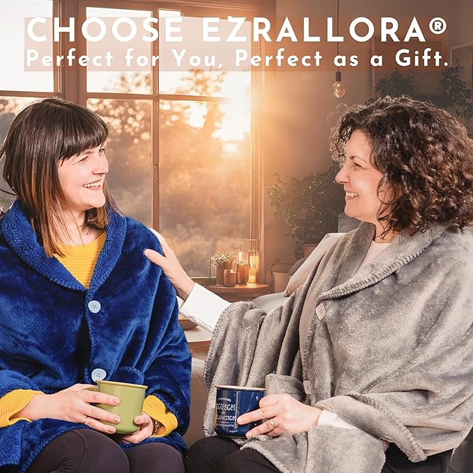 Premium Double Layer Poncho Blanket for Women -Drape and Go No Sleeves- Sherpa Fleece Shawl with Pockets - Wearable Blanket - Gifts for Her Mom and Grandma (Blue)