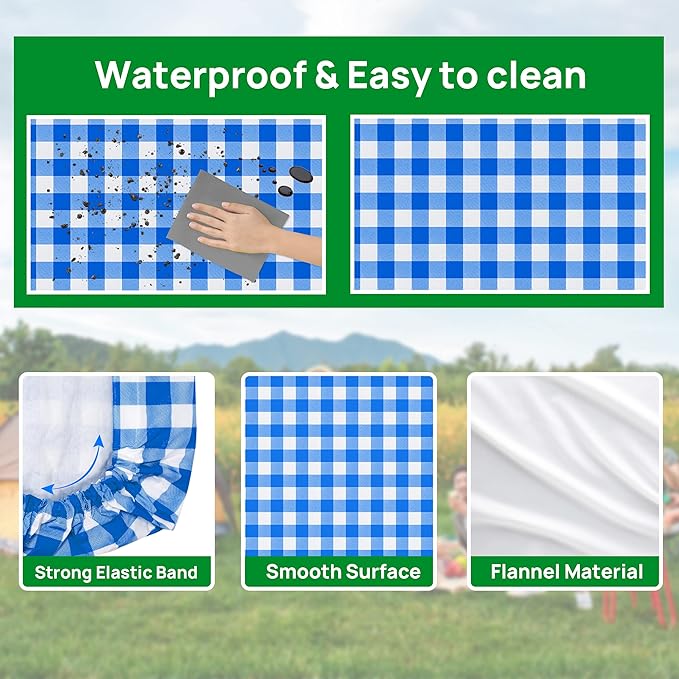 RNOONY Vinyl Fitted Picnic Table Cover with Bench Covers and Bag, Outdoor Waterproof Picnic Tablecloth with Elastic Edges, 96x30 Inches 3 Pcs Set (Blue Checkered)