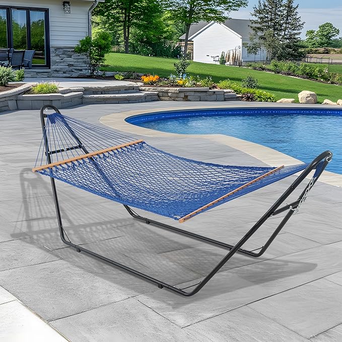 Lazy Daze Hammocks 12FT Double Rope Hammocks, 2 Person Hand Woven Cotton Hammock with Spreader Bar for Outdoor, Indoor, Patio, Poolside, FIT 13-15 Foot Stand, Max 450 Lbs, Blue, 141 x 57 inches