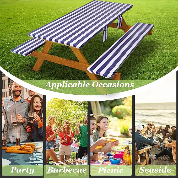 Fitted Picnic Table Cover with Bench Covers Waterproof Elastic Edges Rectangle Patio Tablecloth Outdoor Camping Essentials Stuff Rv Accessories Summer Trip Travel Supplies Party Camper Gifts, 6 ft