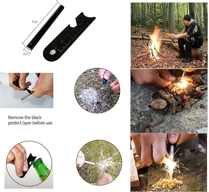 Emergency Fire Starter Kit – 6 Magnesium Bags + 3.15" Ferro Rod (12,000+ Strikes) + 4" Waxed Rope (12 Min Burn) – Survival Kit in Waterproof Tin for Camping, Hiking (18 Bags + Ferro + Wax Rope)