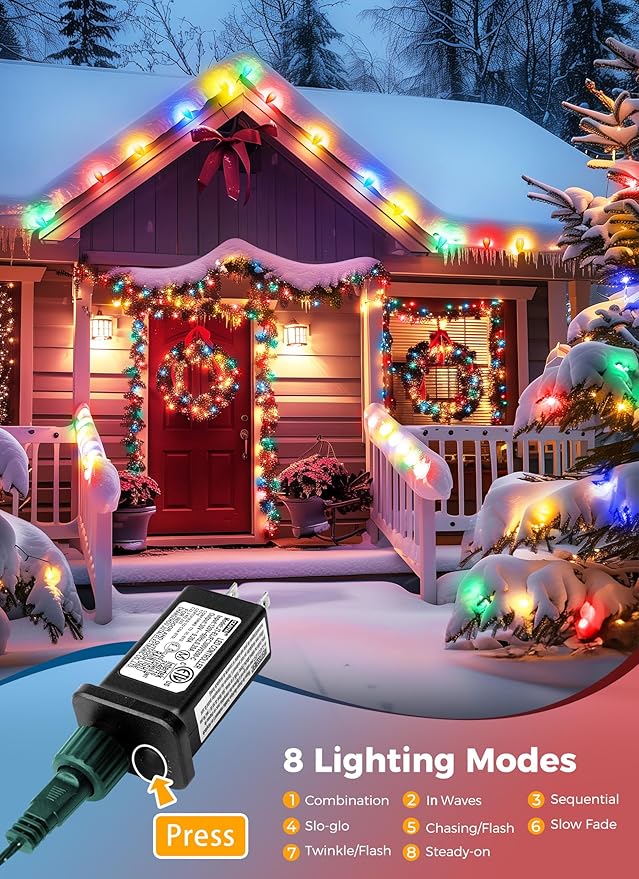 C9 LED Christmas Lights Outdoor, 81 Feet 100 LED String Lights with Timer & 8 Lighting Mode, Waterproof Commercial Grade Christmas Tree Lights for Outside Indoor Roofline Patio, Multicolor 2 Pack