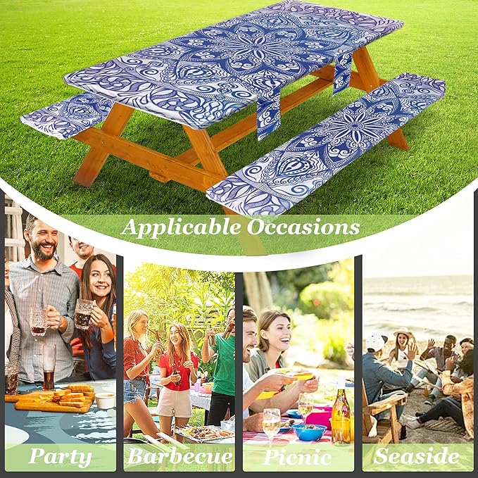 Picnic Table Cover with Bench Covers Vinyl Elastic Edges Fitted Rectangle Seat Tables Waterproof 3-Piece72X30in Set Outdoor Rectangular Folding Backing Tablecloth for Camping Over SizeTie-Dye117