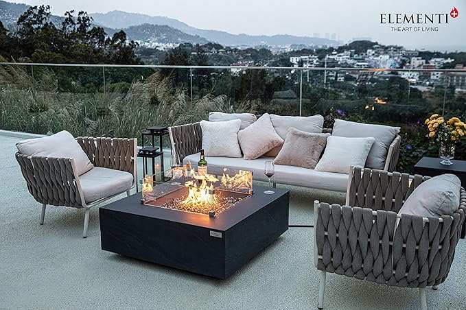 Elementi+ | Roraima Gas Fire Pit Cast Concrete 40" Square Fire Table, Outdoor Fire Pit Electronic Ignition | Canvas Cover, Fire Glass and Burner Lid Included | Dark Gray | Propane Gas