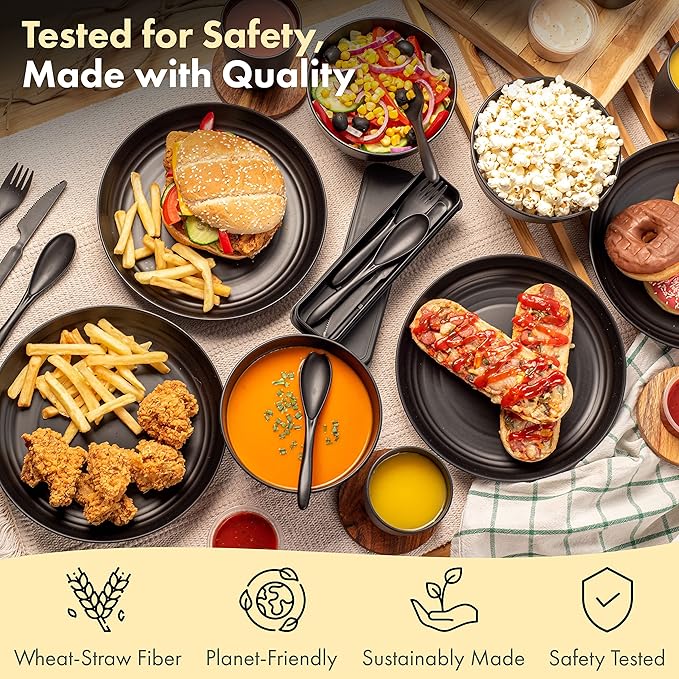 FOODLE Wheat Straw Dinnerware Set - BPA Free & Safety Tested - Microwave & Dishwasher Safe - Alternative to Plastic Dishes - Perfect for Outdoor, RV, Dorm - Camping Plates Cups and Bowls Set - For 4