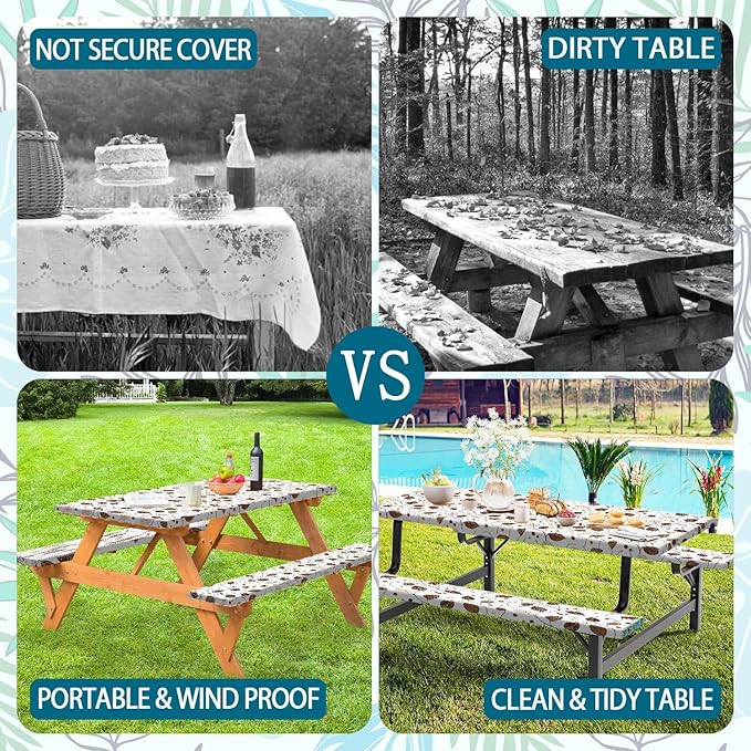 Picnic Table Cover with Bench Covers, Brown Leaf Plaid Leaf Elastic Edges Waterproof Windproof Camping Essentials, Camping Fitted Tablecloth with Drawstring Bag, 72in, Brown