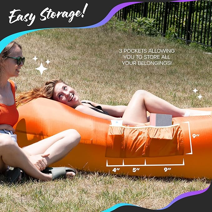 Nevlers Inflatable Lounger | 210T Polyester Inflatable Chair | No-Pump Blow Up Couch | Camping Couch Air Sofa Bed w/ 450 lbs. Cap., Pockets & Matching Bag | Use as Inflatable Couch for Adults & Kids