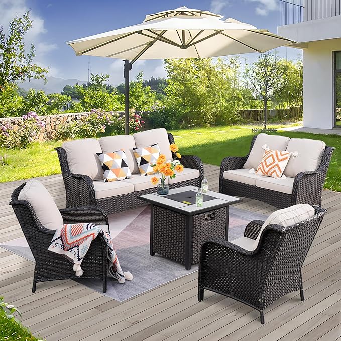 ovios 5 Pieces Patio Furniture Set with 30" Fire Pit Table, Outdoor Wicker Sofa with Loveseat, Comfy Cushions, High Back Couch Conversation Set, Brown Rattan, Beige