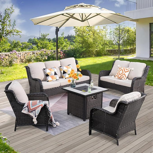 ovios 5 Pieces Patio Furniture Set with 30" Fire Pit Table, Outdoor Wicker Sofa with Loveseat, Comfy Cushions, High Back Couch Conversation Set, Brown Rattan, Beige