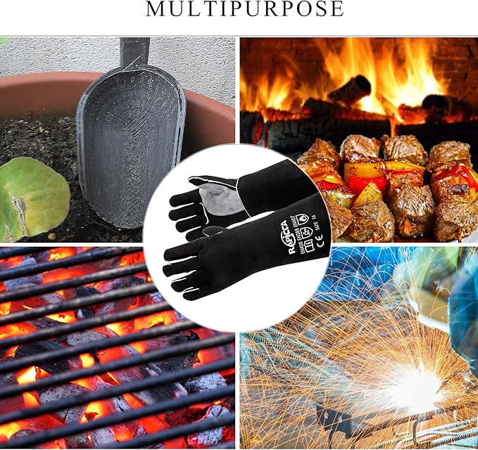 RAPICCA Welding Gloves Fire Heat Resistant: Black 16IN - Fireproof Leather For Stick Mig Flux-Core Welder Forge Blacksmith Fireplace Wood Stove Fire Pit Furnace Handling Dry ice - One Size 662℉