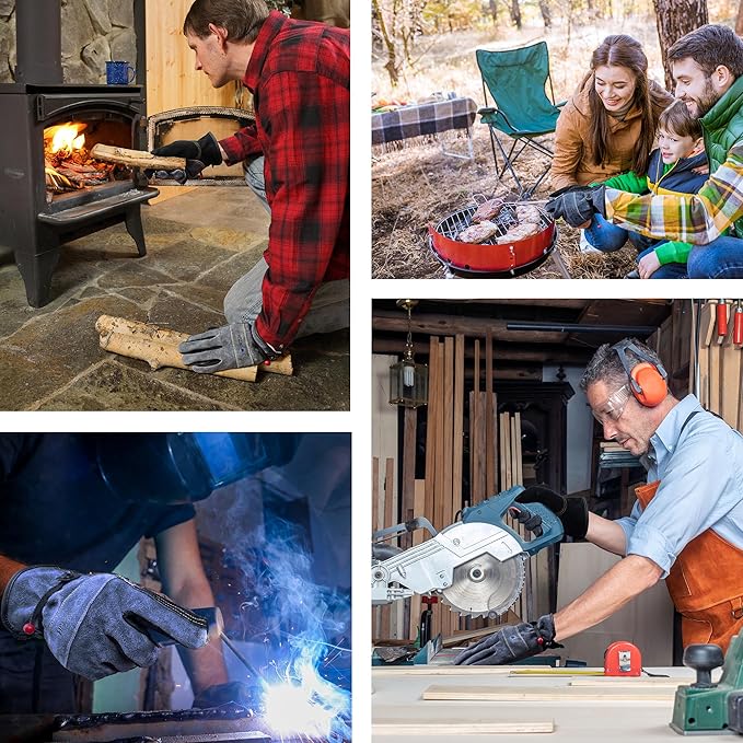 Leather Work Gloves for Men or Women, Large Glove for Gardening, Tig/Mig Welding, Construction, Chainsaw, Farm, Ranch, etc. Cowhide, Cotton Lined, Utility, Firm Grip, Durable. Grey-Black L