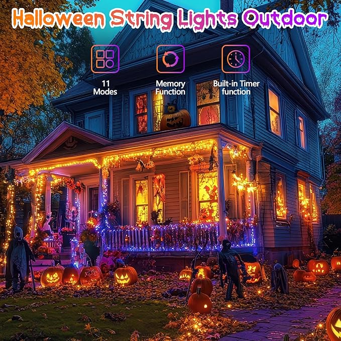 Upgraded Connectable 200 LED Halloween String Lights Outdoor Indoor, 11 Modes Orange to Purple Halloween Decorations Lights, Waterproof Twinkle Fairy Lights Plug in Clear Wire for Tree, Bedroom Decor