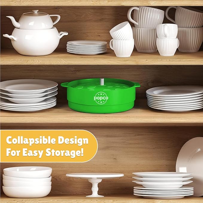 POPCO Silicone Popcorn Popper - Collapsible Microwave Popcorn Maker - Air Popper Pop Corn Bowl with Handles and Lid - Dishwasher Safe - Large 15 Cup Capacity - (Green)