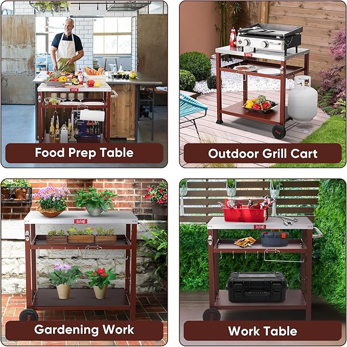 3-Shelf Outdoor Grill Table,Grill Cart Pizza Oven Table for Outside,Movable Prep Cart,Indoor & Outdoor Cooking Station,Grill Cart with Wheels, Metal Work Table for Ooni 14'' Blackstone Griddle