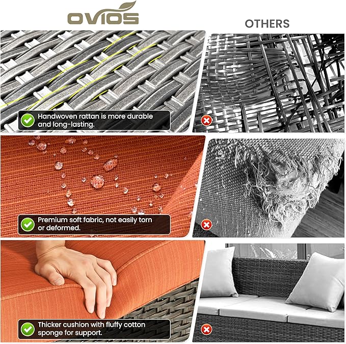 ovios 6 Pieces Patio Furniture Set with 42" Fire Pit Table, Outdoor Wicker Sofa with Ottomans, Comfy Cushions, High Back Couch Conversation Set, Brown Rattan, Orange Red