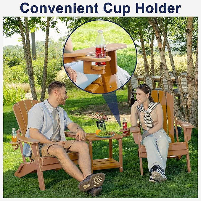 Folding Adirondack Chair, SGS Tested, Wooden Textured with Cup Holder, Heavy All-Weather HDPE Comfortable Set Poolside Backyard Lawn Teak
