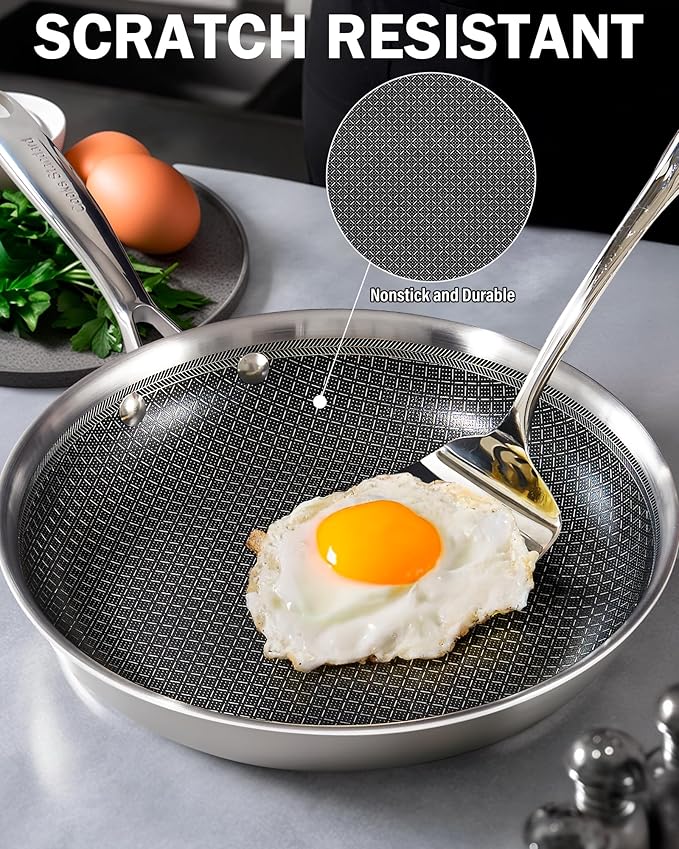 Cooks Standard Hybrid Nonstick Frying Pan Set, 8, 10 and 12-Inch Multi-Ply Clad Stainless Steel 3 Piece Skillet with Tempered Glass Lids, Oven Safe, Compatible with All Stovetops