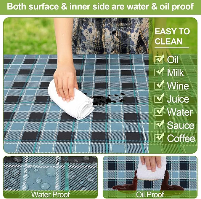 Picnic Table Cover with Bench Covers Camping Essentials Waterproof Windproof Camping Tablecloth with Drawstring Bag, Fitted Rectangle Tables and Seats, 72in, Small Blue Plaid