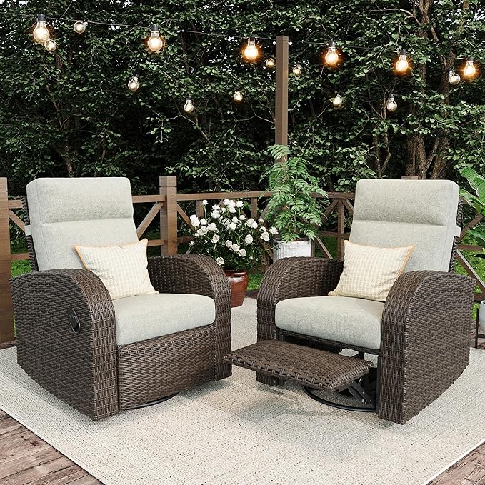 Outdoor Wicker Recliner Chair Set of 2 High Back Patio 360°Swivel Reclining Lounge Chair with 6-Inch Thick Cushion