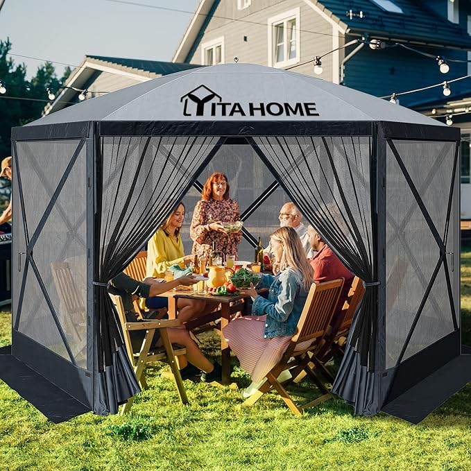 YITAHOME 11.5x11.5ft Camping Gazebo, Portable Pop Up Canopy Outdoor Screen Tent 6 Sided with Mesh Windows and Carry Bag for Camping, Picnic, Backyard Party Outside Activities, Gray
